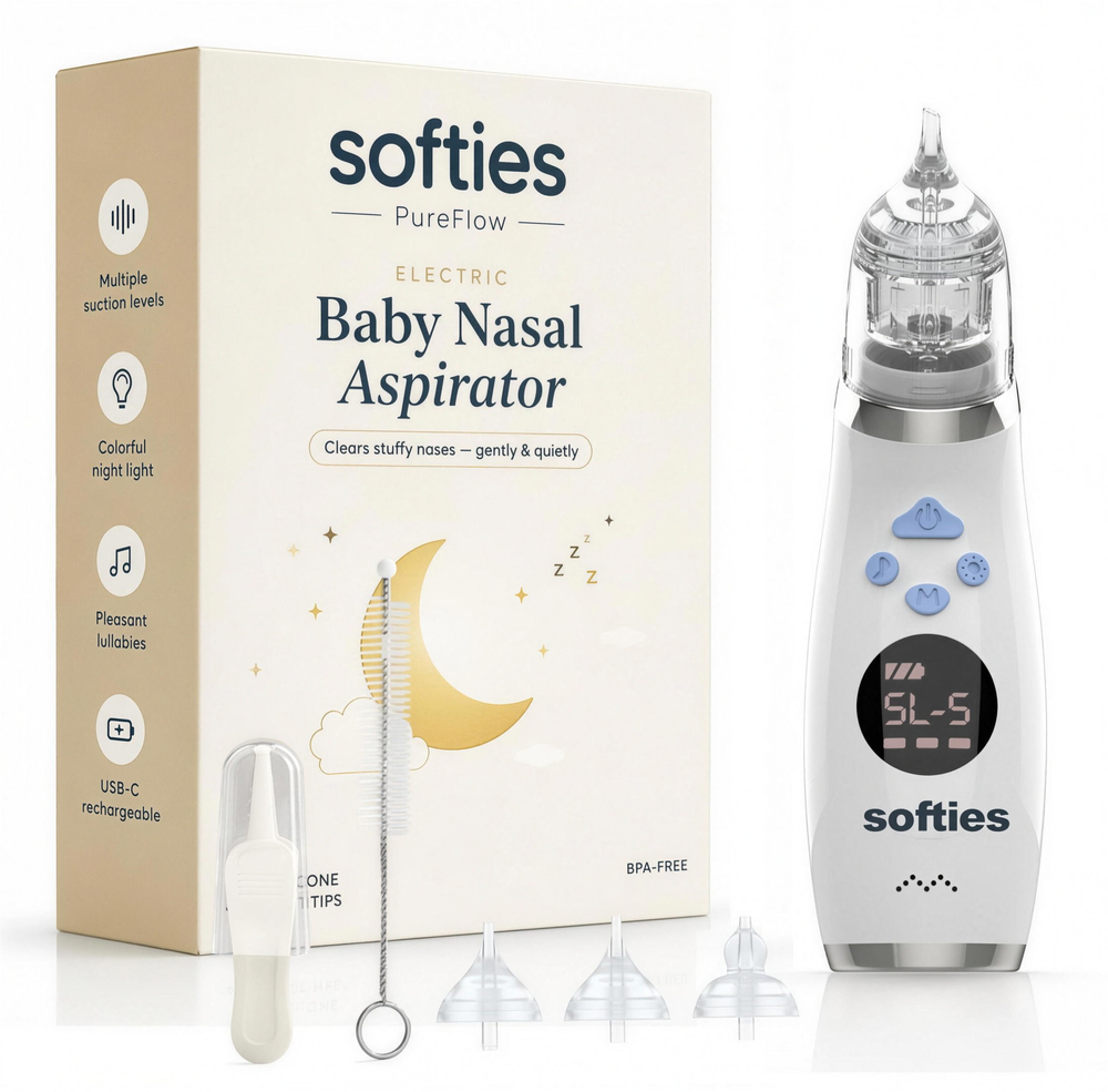 SOFTIES Electric Baby Nasal Aspirator for Newborns, 3 Silicone Tips