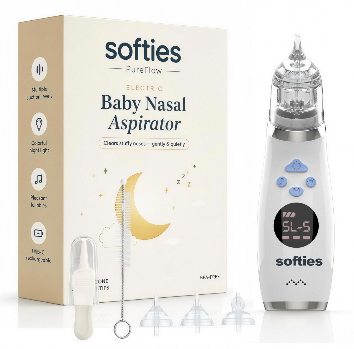 SOFTIES Electric Baby Nasal Aspirator for Newborns, 3 Silicone Tips