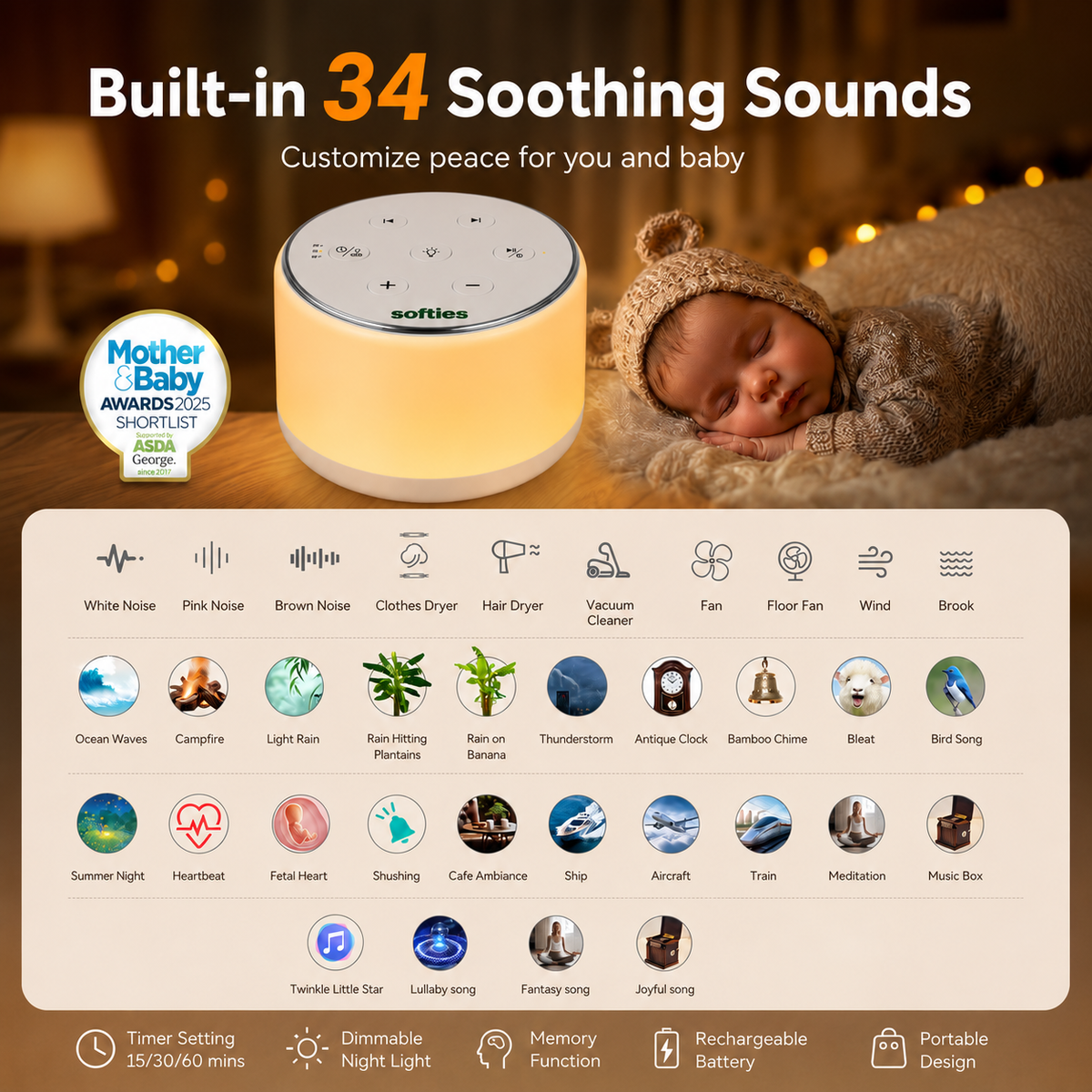 SOFTIES White Noise Machine for Baby Sleep – 34 Sounds & Night Light