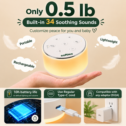 SOFTIES White Noise Machine for Baby Sleep – 34 Sounds & Night Light