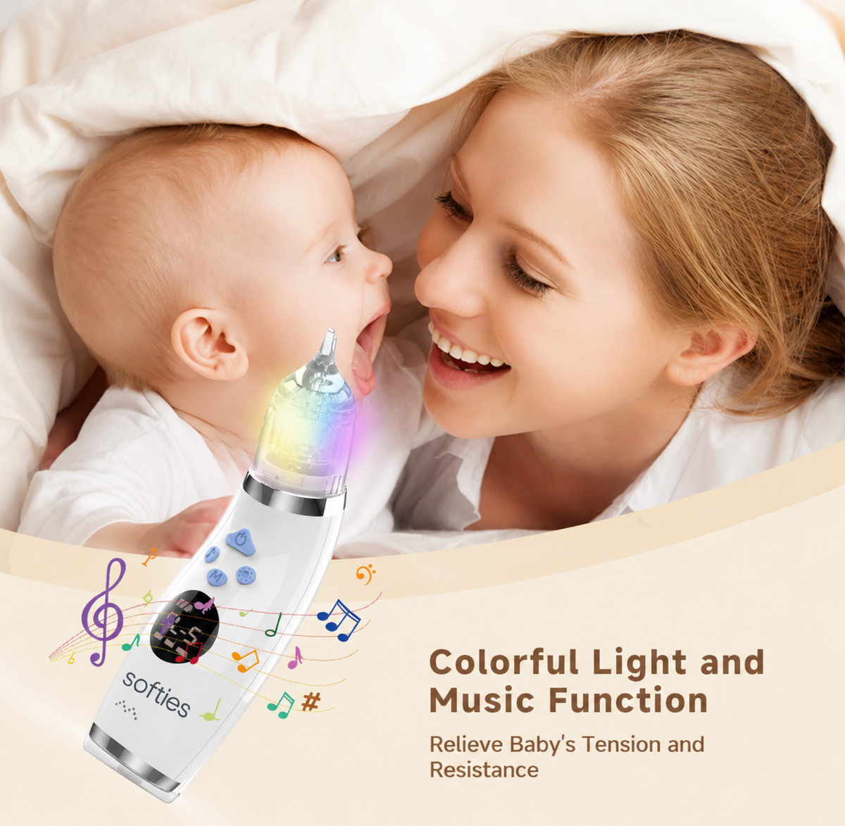 SOFTIES Electric Baby Nasal Aspirator for Newborns, 3 Silicone Tips