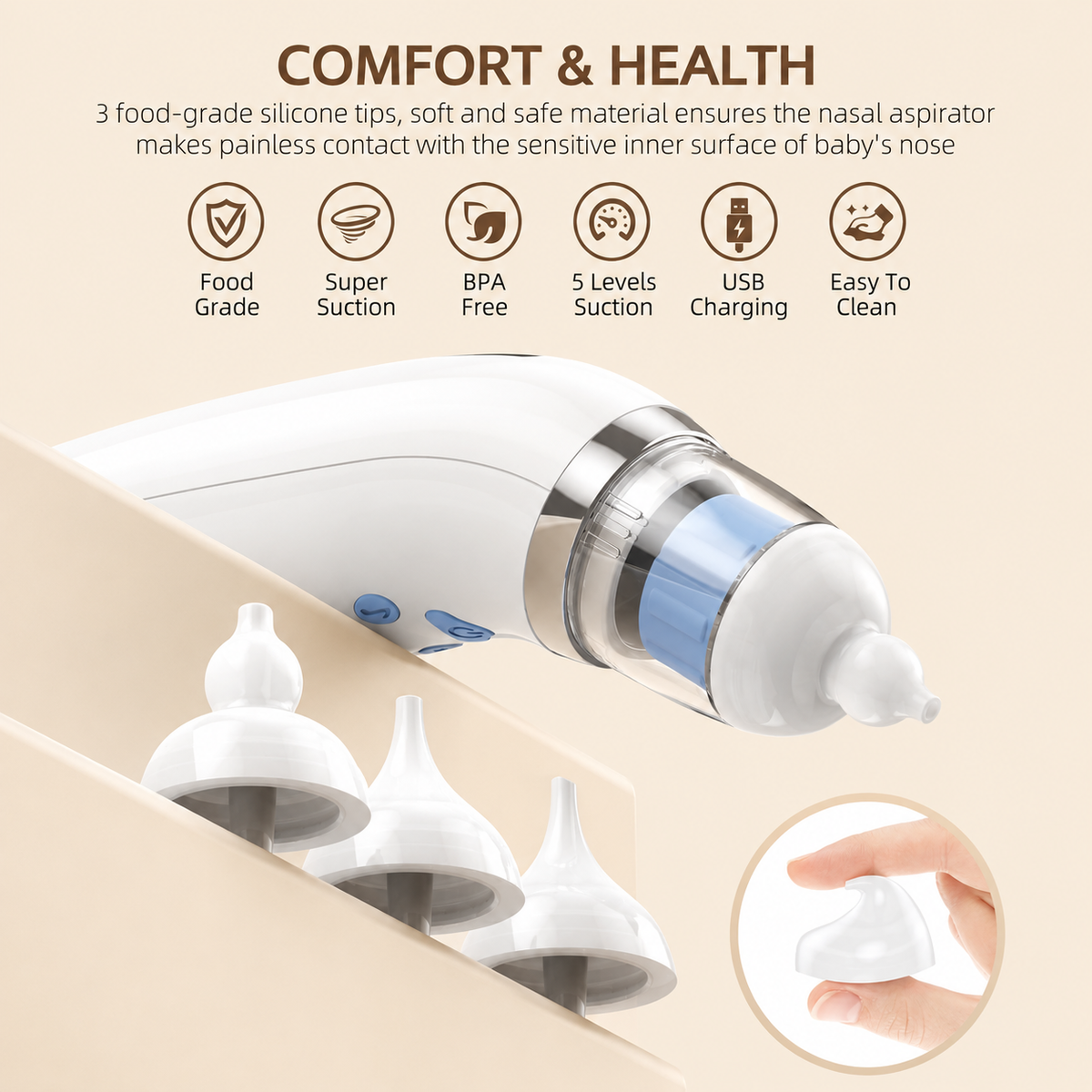 SOFTIES Electric Baby Nasal Aspirator for Newborns, 3 Silicone Tips